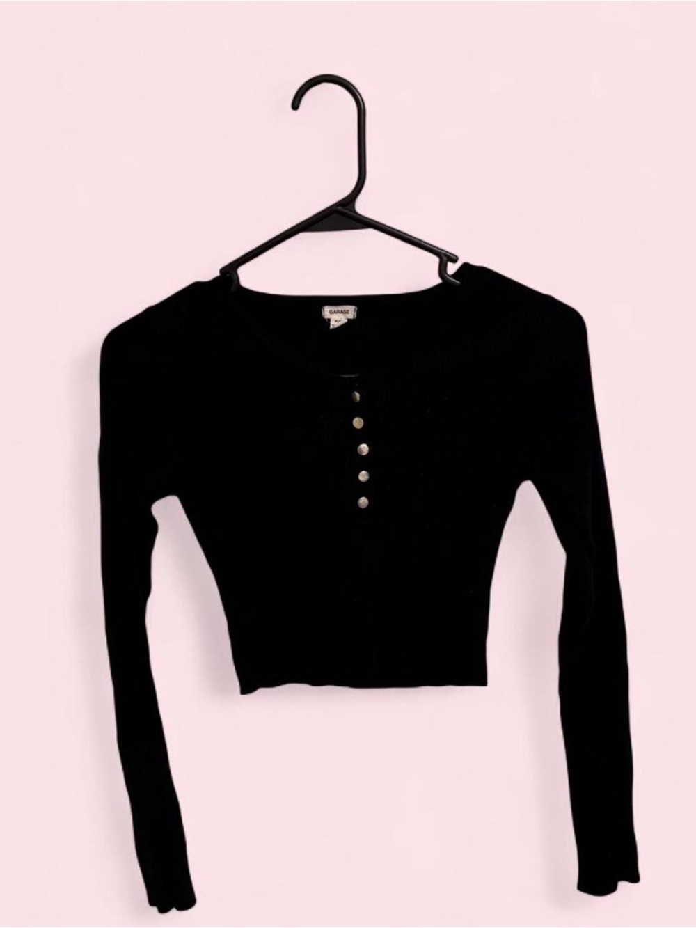 Garage Black Ribbed Henley Crop Top with Button Placket